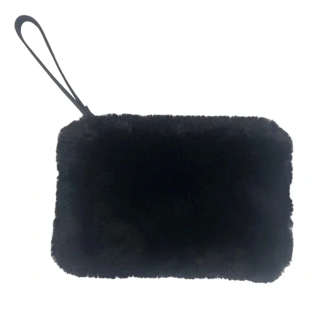 House of Harlow 1960 Black Plush Faux FurZip Wristlet Purse Bag Pinup NWT